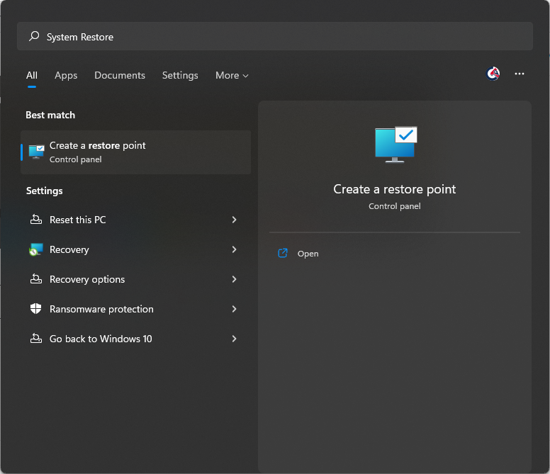 Typing System Restore into the Windows search field