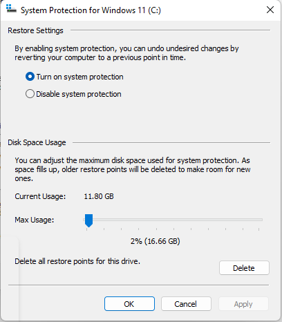 System Protection for Windows 11 dialog box