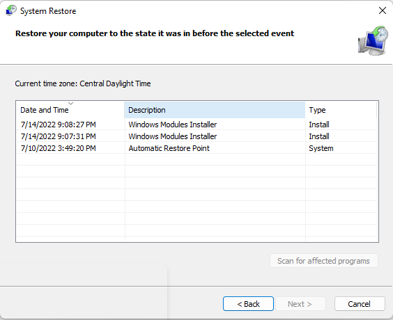 Available Windows restore points